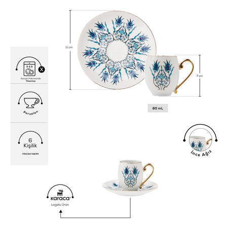 Karaca Iznik Turkish Coffee Cup Set for 6, 80 ml - MALLTURK
