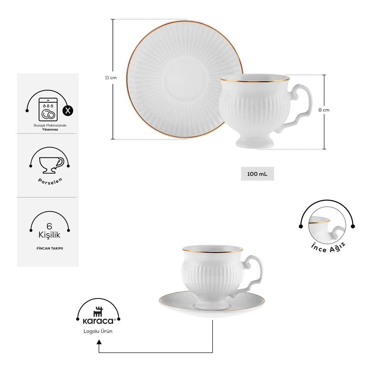 Karaca Malta Turkish Coffee Cup Set for 6, 100 ml - MALLTURK