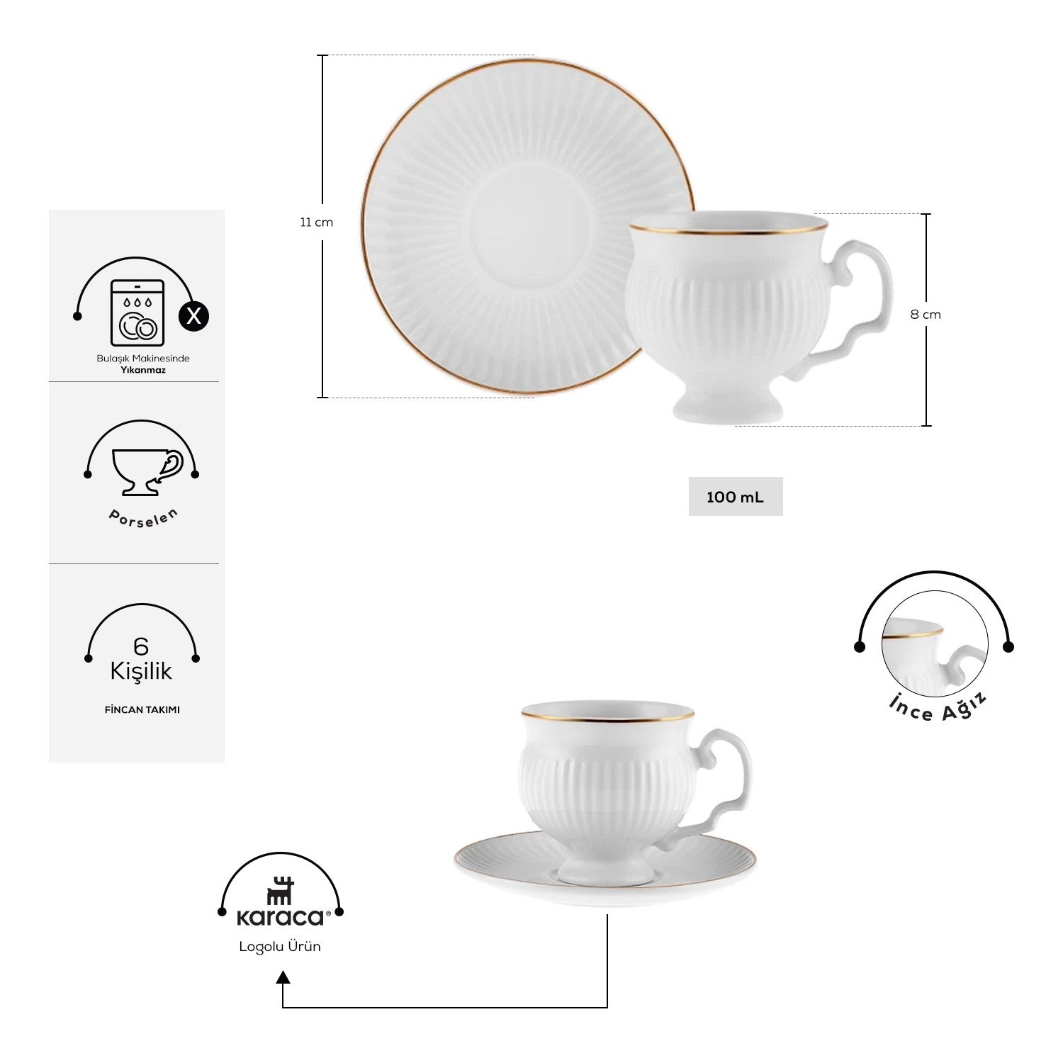 Karaca Malta Turkish Coffee Cup Set for 6, 100 ml - MALLTURK