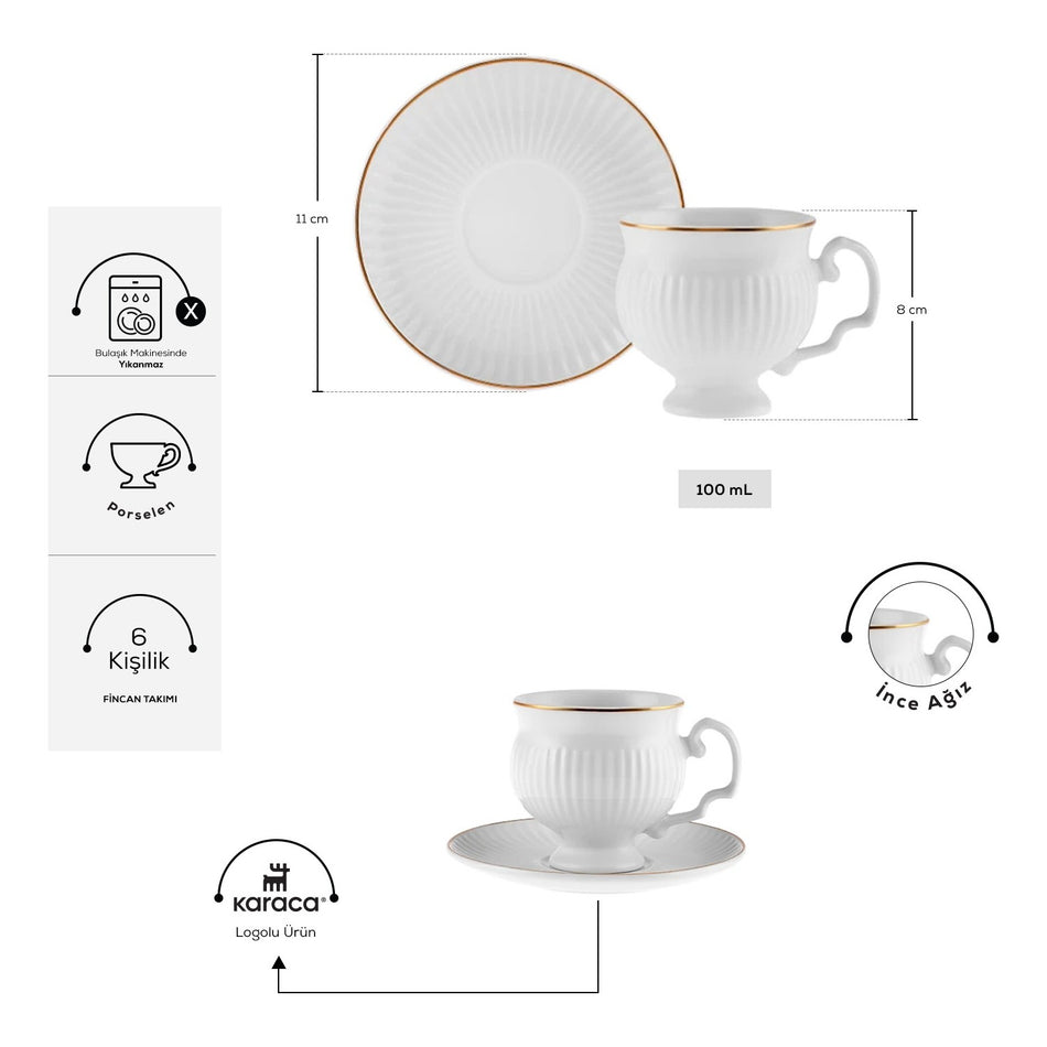 Karaca Malta Turkish Coffee Cup Set for 6, 100 ml - MALLTURK