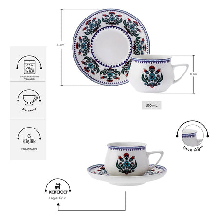 Karaca Hattat Turkish Coffee Cup Set for 6, 90 ml - MALLTURK