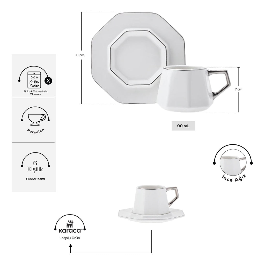 Karaca Zeher Turkish Coffee Cup Set for 6, 90 ml