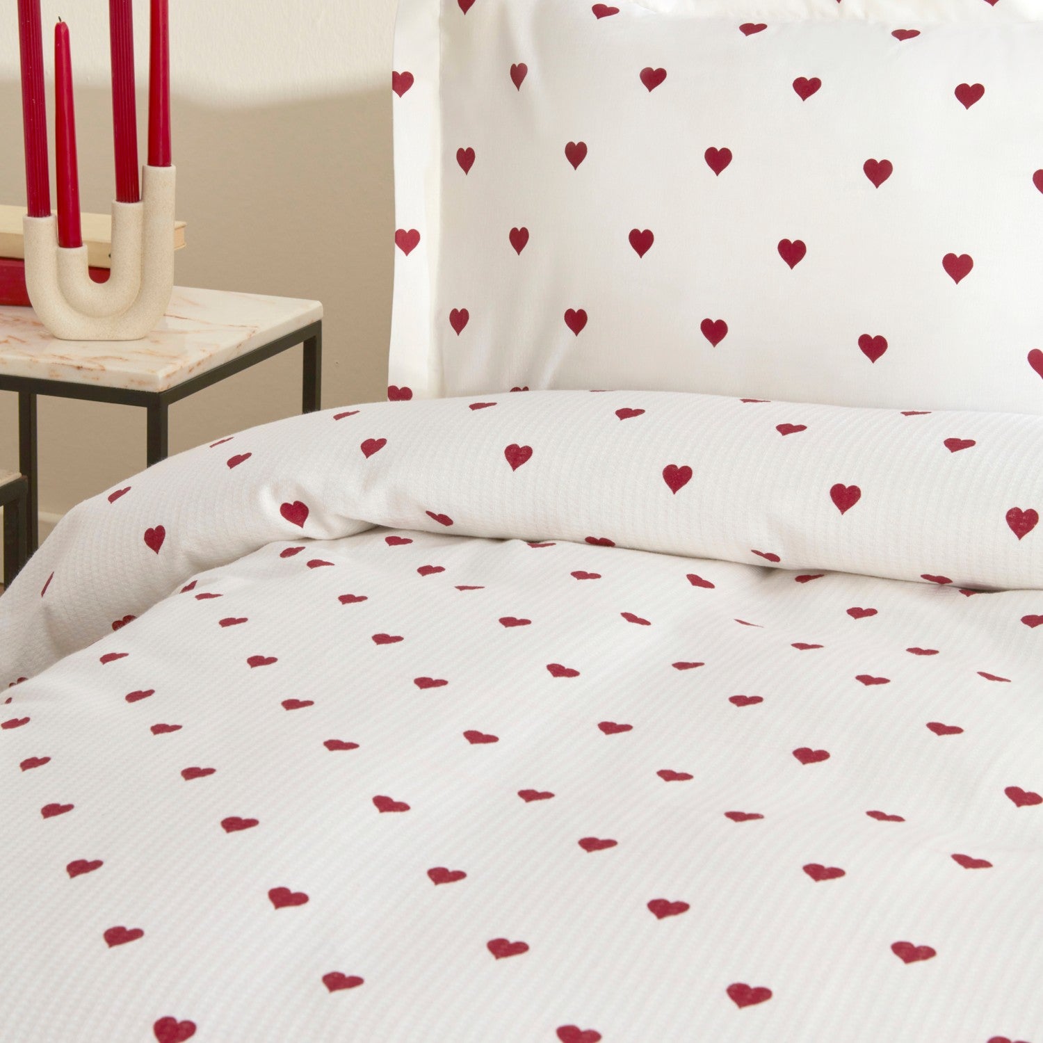 Karaca Home Amour Heart Pattern 100% Cotton Double Bed Quilted Bedding Set Red - MALLTURK
