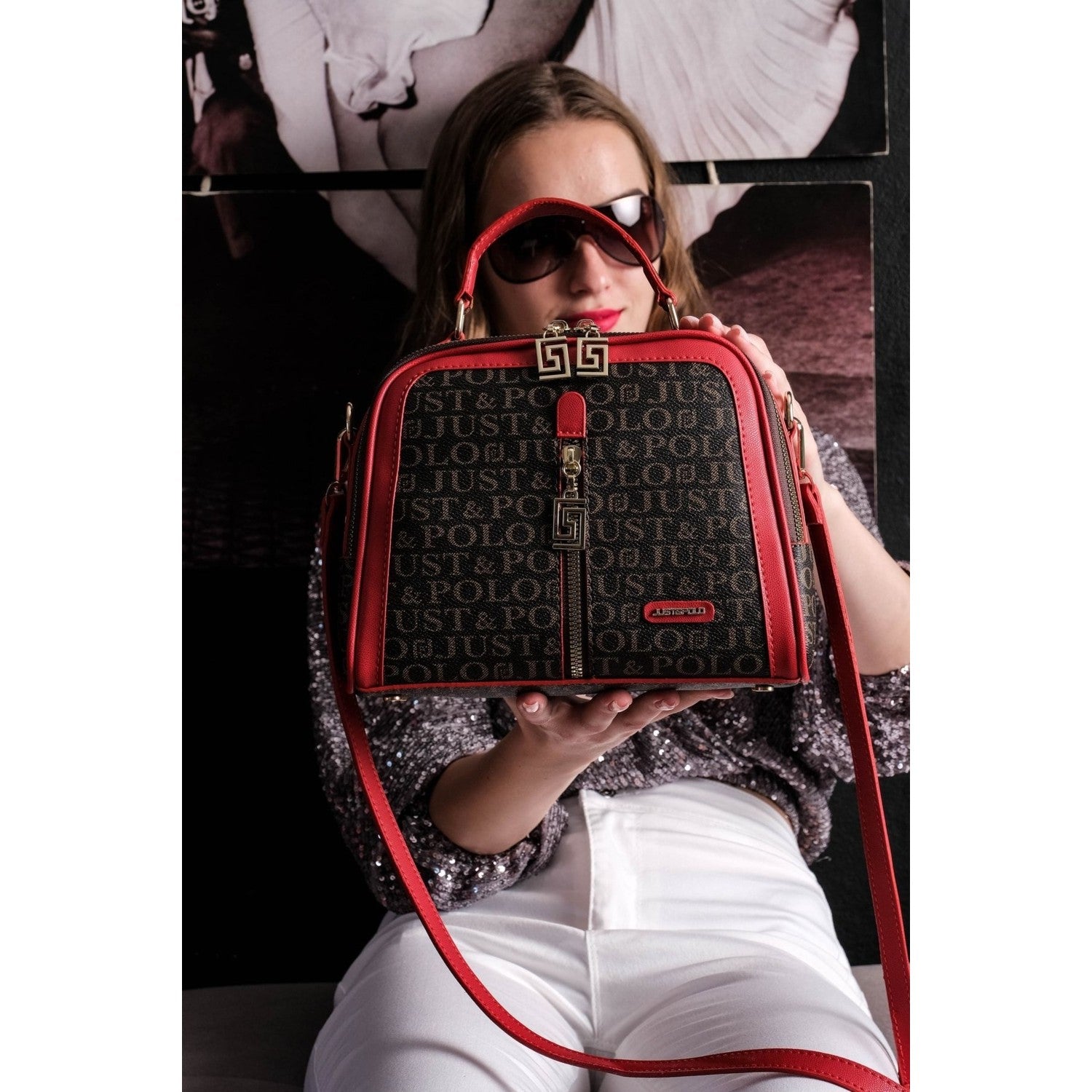 Just Polo Women's Red 4-Compartment Adjustable Long Strap Hand and Shoulder Bag JPM2057 Red Brown - MALLTURK