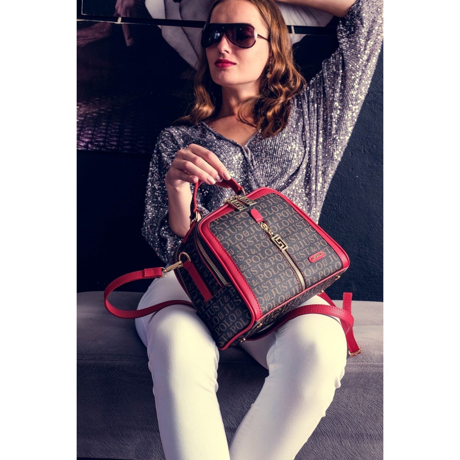 Just Polo Women's Red 4-Compartment Adjustable Long Strap Hand and Shoulder Bag JPM2057 Red Brown - MALLTURK