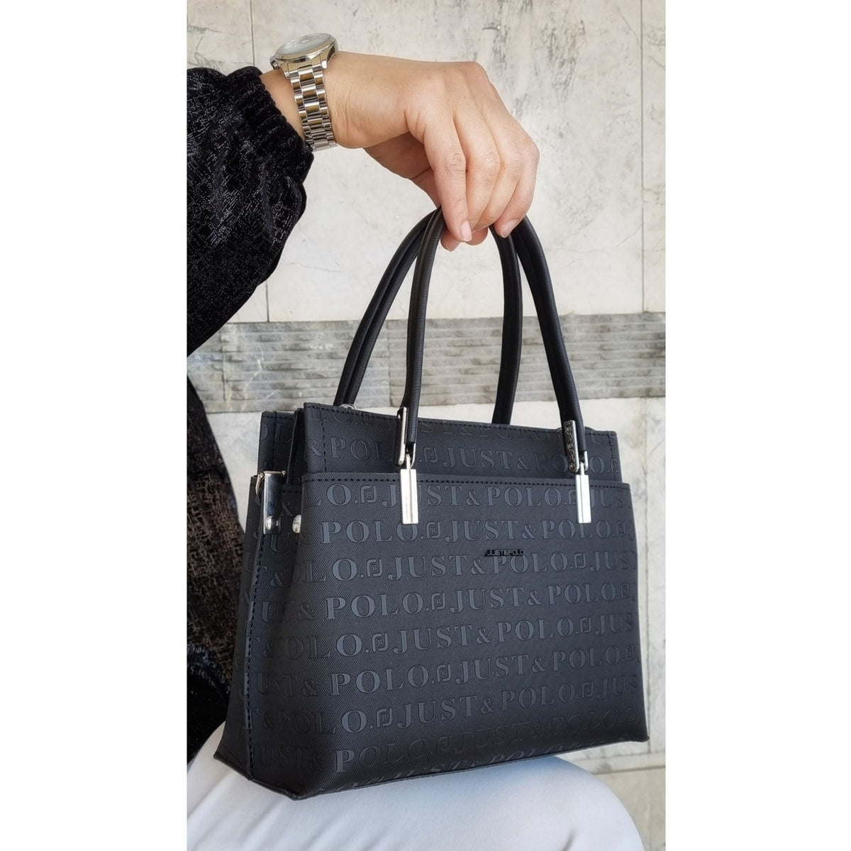 Just Polo Women's Black 5-Compartment Embossed Hand and Shoulder Bag JPM4045 Black - MALLTURK