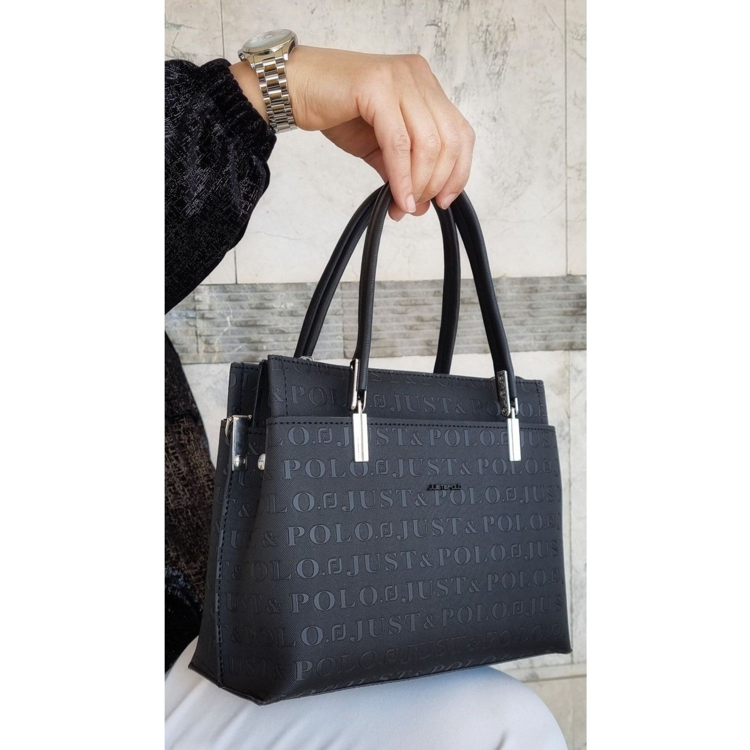 Just Polo Women's Black 5-Compartment Embossed Hand and Shoulder Bag JPM4045 Black - MALLTURK