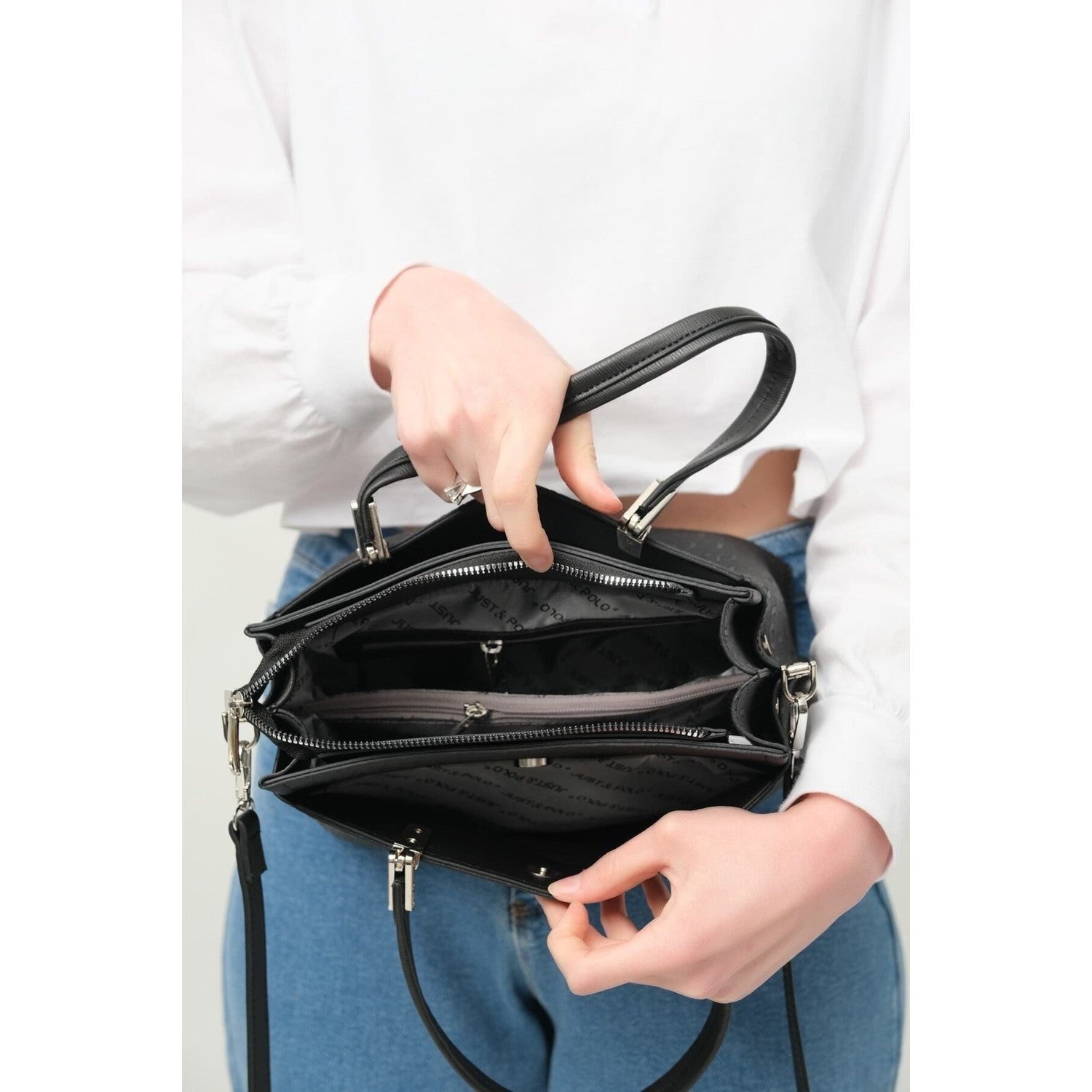Just Polo Women's Black 5-Compartment Embossed Hand and Shoulder Bag JPM4045 Black - MALLTURK