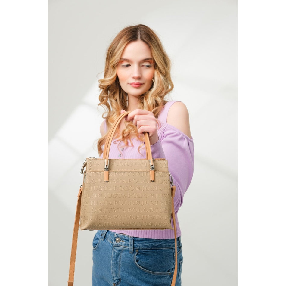Just Polo Women's Mink 5-Compartment Embossed Hand and Shoulder Bag JPM4045 Mink Camel Fashion Bag - MALLTURK