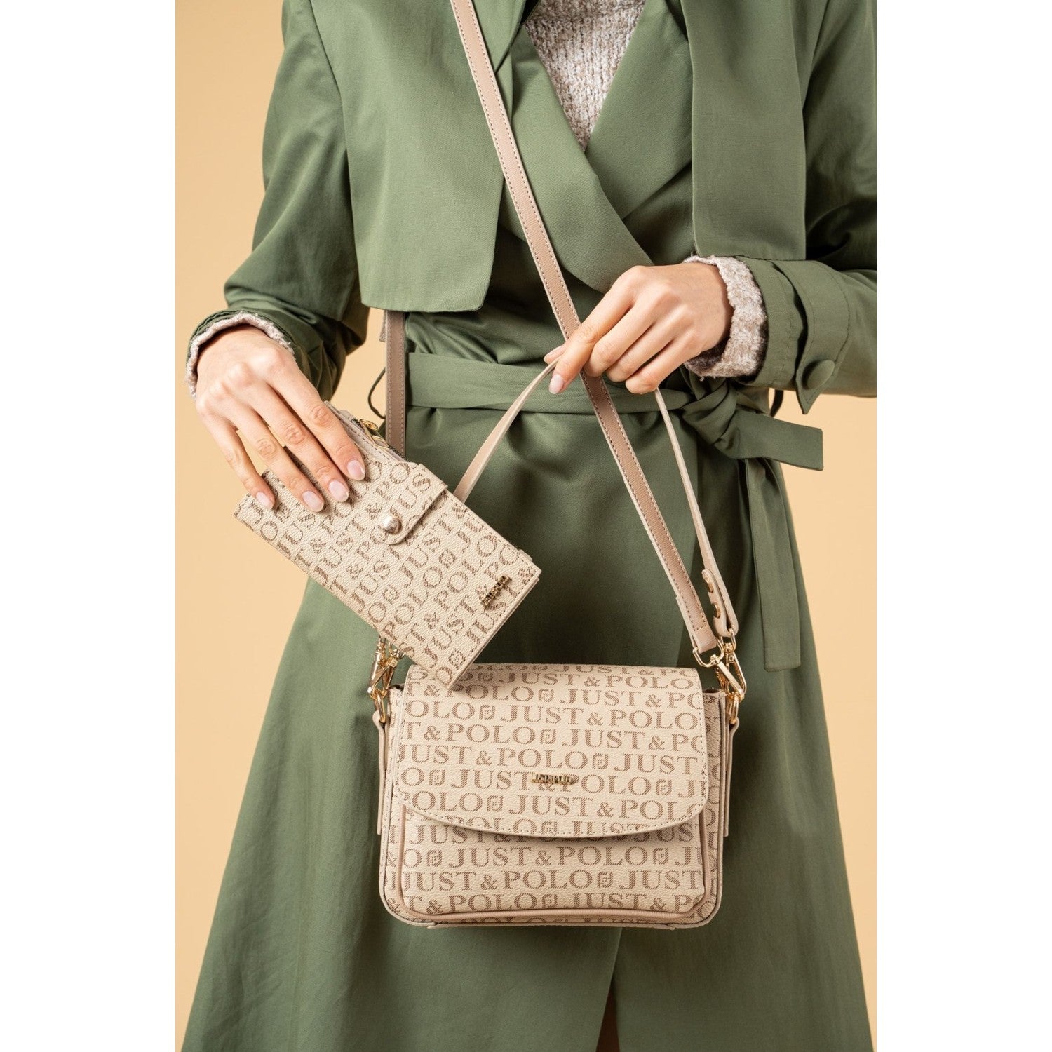 Just Polo Women's Two-Strap, Three-Compartment Shoulder and Crossbody Bag Set JPS2185 Sand - MALLTURK