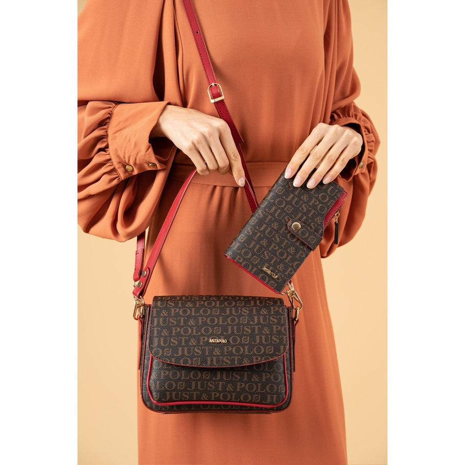 Just Polo Women's Two-Strap, Three-Compartment Shoulder and Crossbody Bag Set JPS2185 Coffee Red - MALLTURK