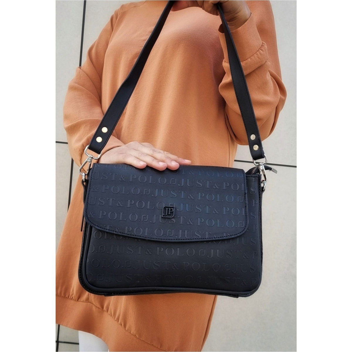 Just Polo Women's Two-Strap 6-Compartment Shoulder and Crossbody Bag JP4063TM JP4063TM Black Women's Bag - MALLTURK