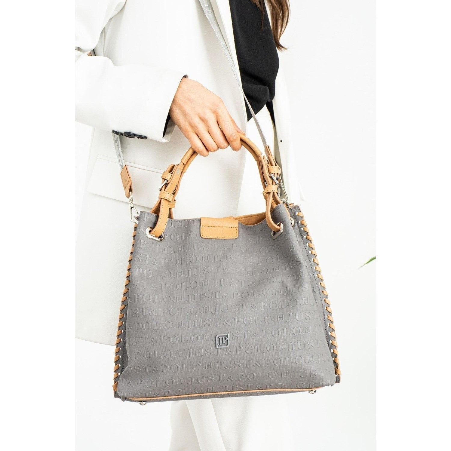 Just Polo Embossed Pattern Magnetic Snap Closure Handbag with Shoulder Strap Women's Fashion Bag - MALLTURK