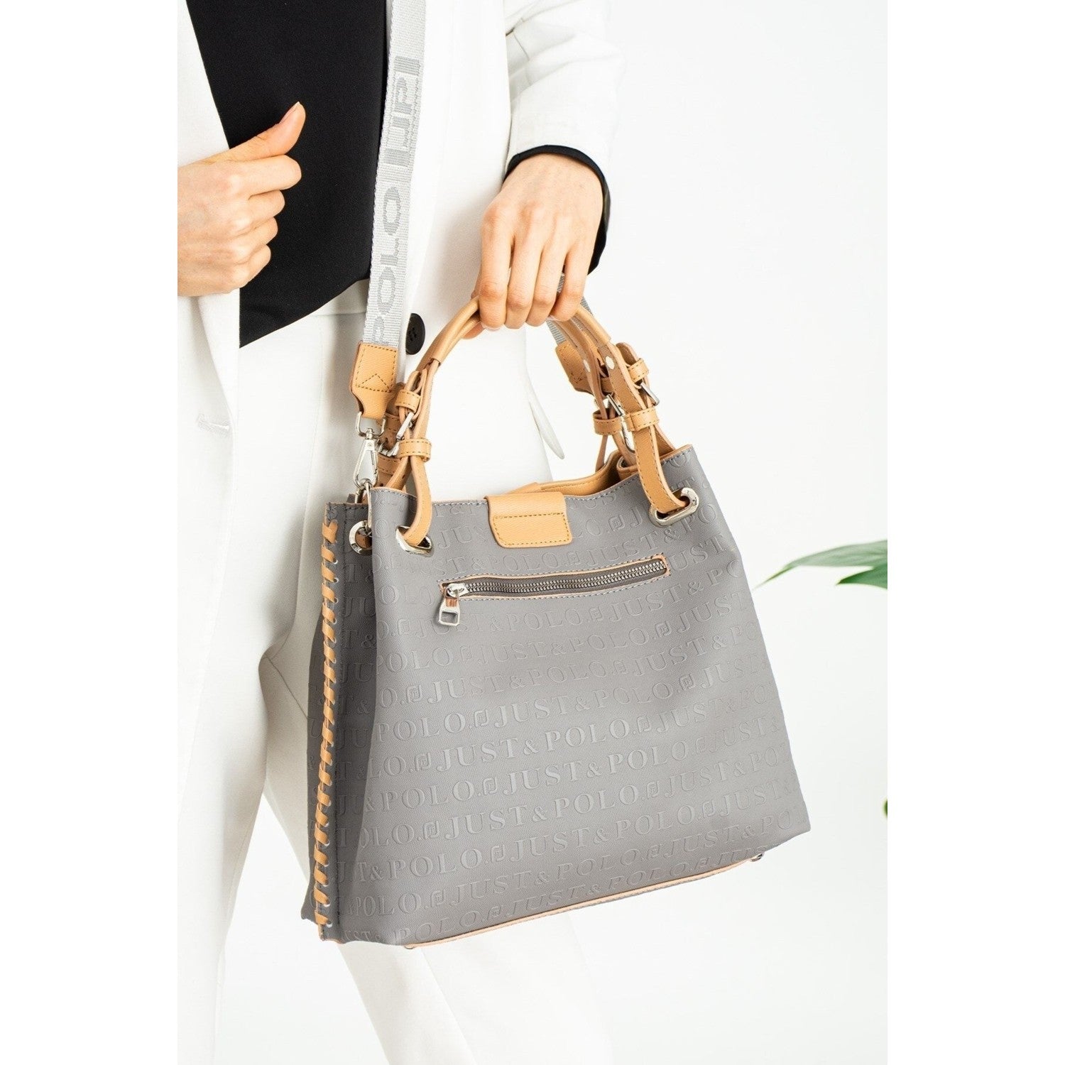 Just Polo Embossed Pattern Magnetic Snap Closure Handbag with Shoulder Strap Women's Fashion Bag - MALLTURK