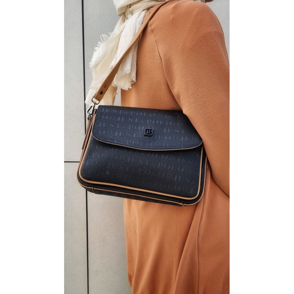 Just Polo Women's Two-Strap 6-Compartment Shoulder and Crossbody Bag JP4063TM JP4063TM Black Tan - MALLTURK