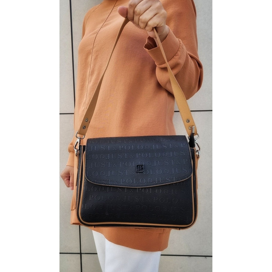 Just Polo Women's Two-Strap 6-Compartment Shoulder and Crossbody Bag JP4063TM JP4063TM Black Tan - MALLTURK