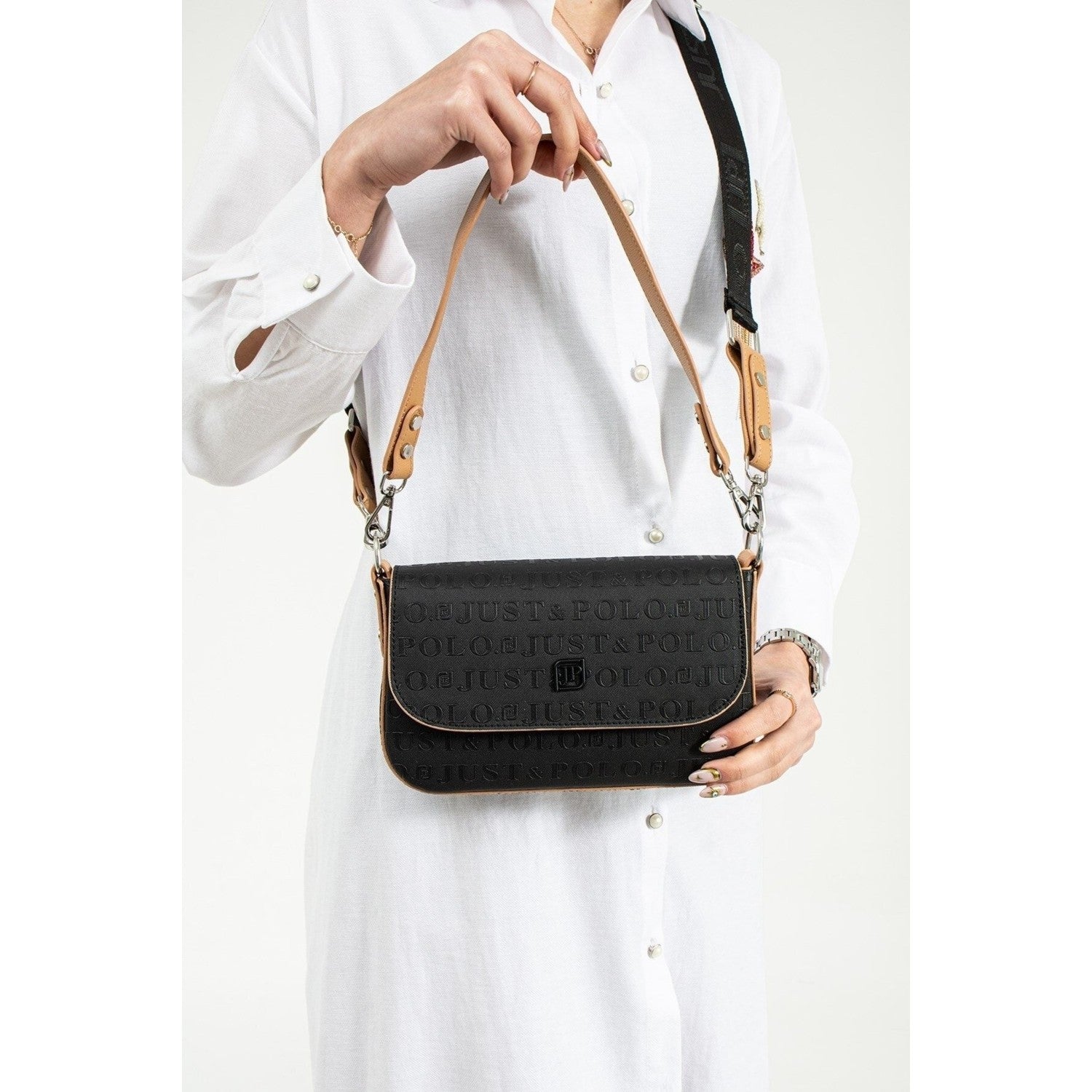 Just Polo Women's Shoulder Bag Black - Tan Bag - MALLTURK