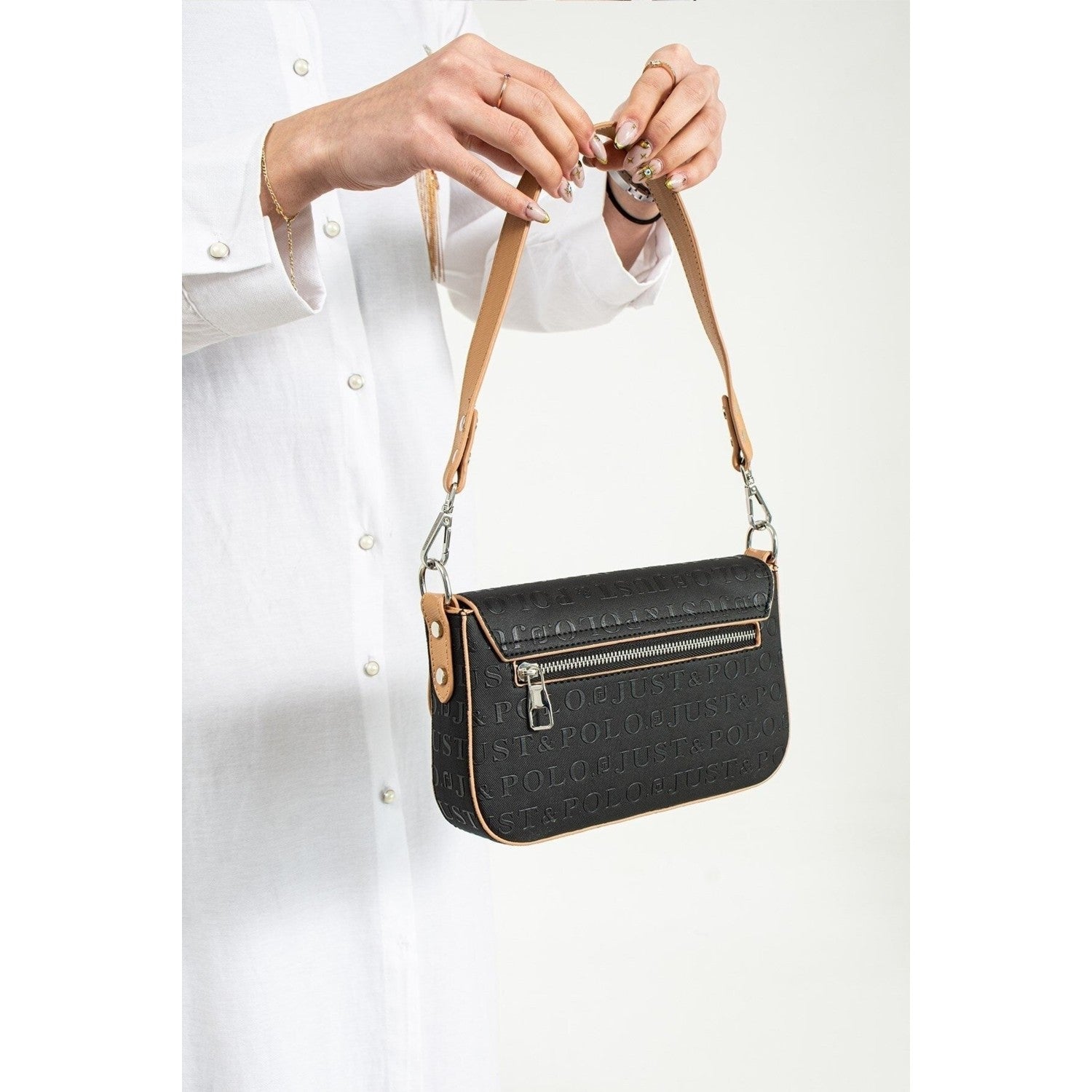 Just Polo Women's Shoulder Bag Black - Tan Bag - MALLTURK