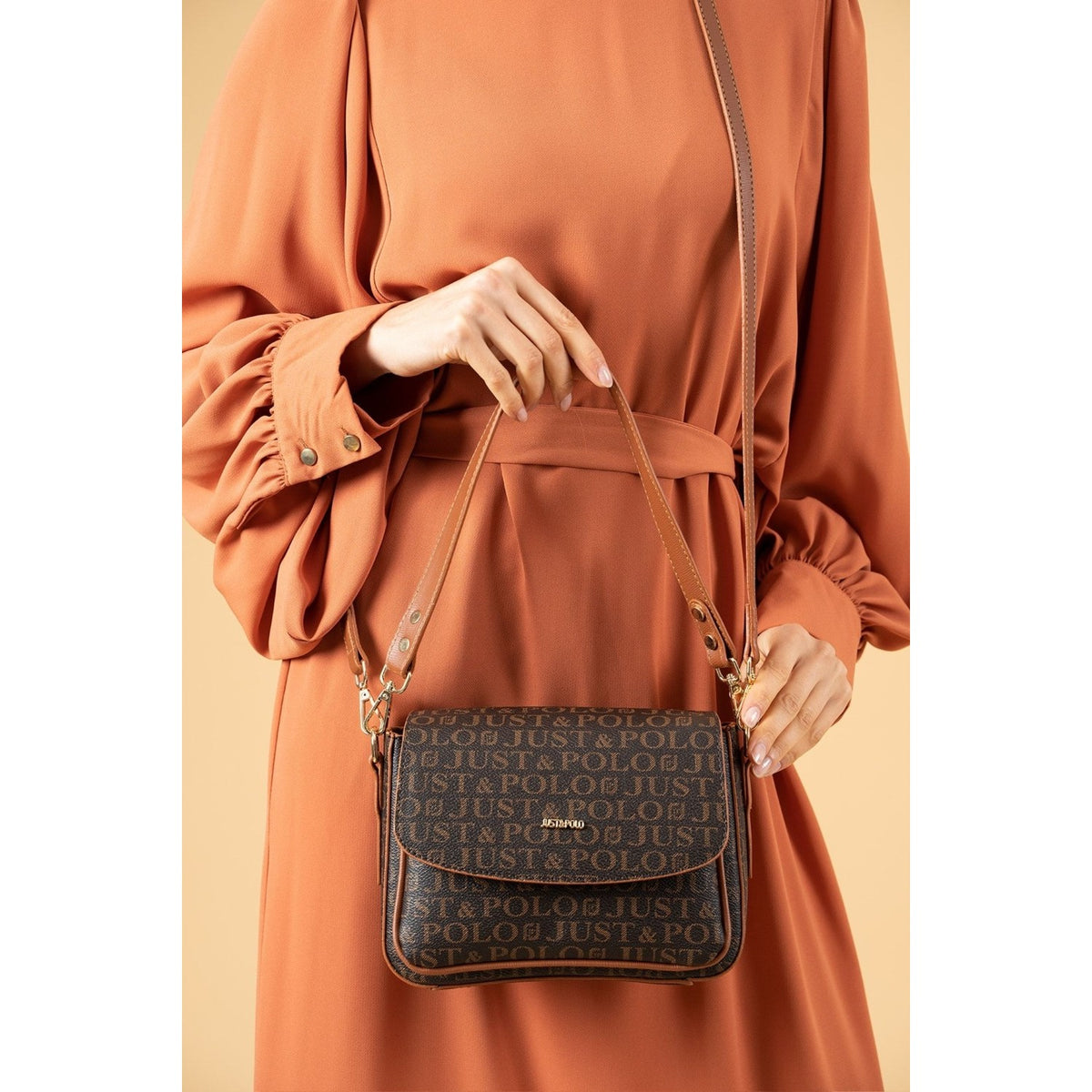 Just Polo Women's Coffee Brown Two-Strap 3-Compartment Shoulder and Crossbody Bag JPS2185 Coffee Brown - MALLTURK