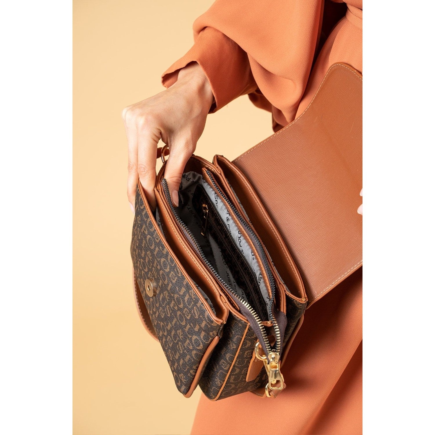 Just Polo Women's Coffee Brown Two-Strap 3-Compartment Shoulder and Crossbody Bag JPS2185 Coffee Brown - MALLTURK