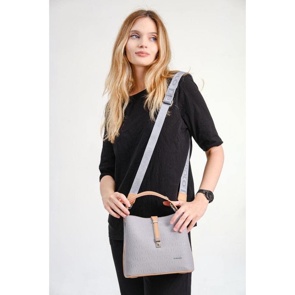Just Polo Women's Embossed Print Vegan Shoulder and Handbag with Lock Detail JPM4002 Grey Women's Shoulder Bag - MALLTURK
