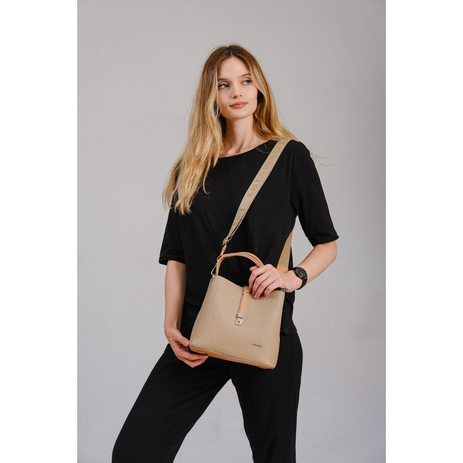 Just Polo Women's Embossed Print Vegan Shoulder and Handbag with Lock Detail JPM4002 Grey Women's Shoulder Bag - MALLTURK