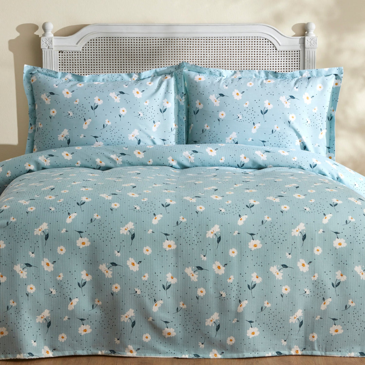 Karaca Home Daisy 100% Cotton Double Bed Quilted Bedding Set Mint PP - MALLTURK