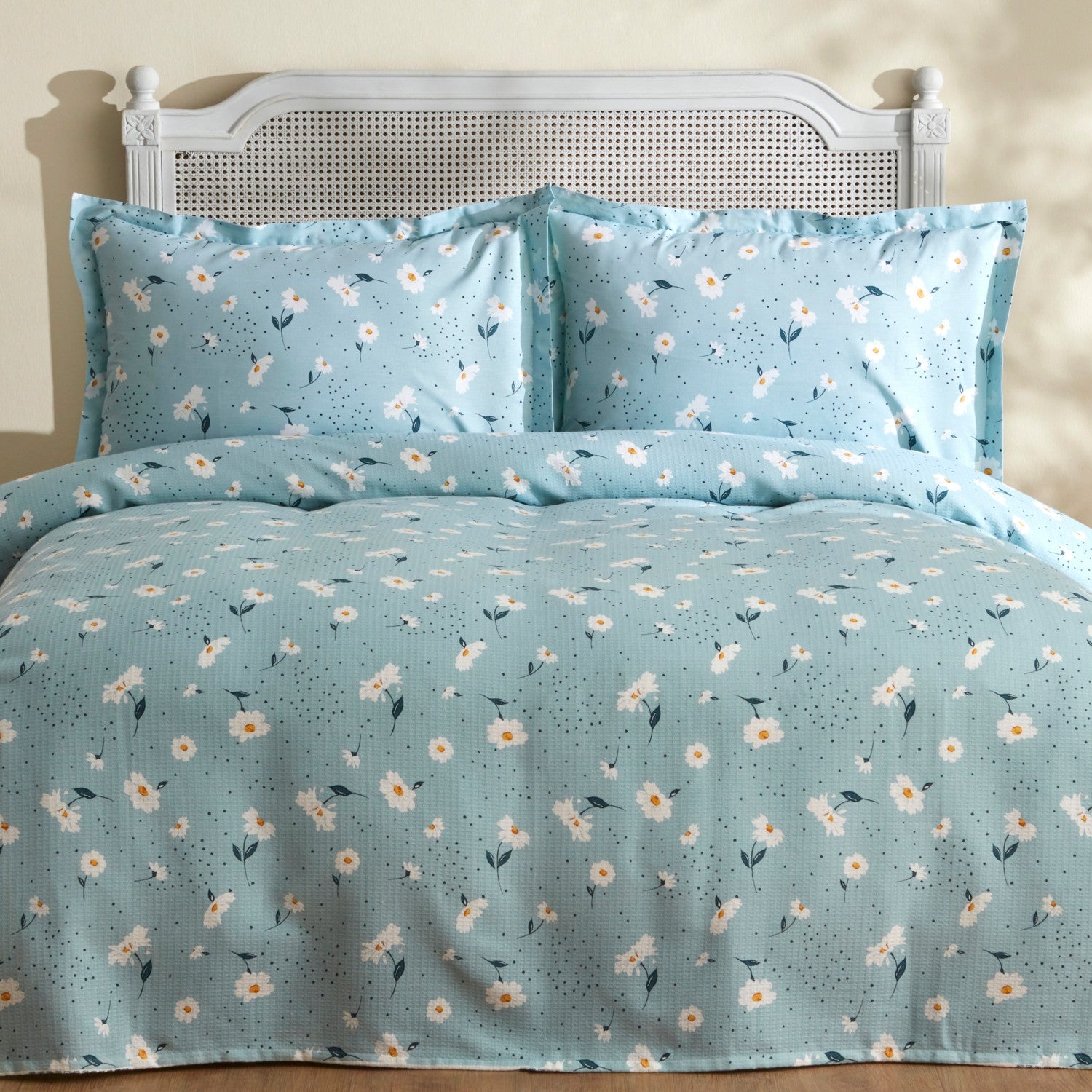 Karaca Home Daisy 100% Cotton Double Bed Quilted Bedding Set Mint PP - MALLTURK