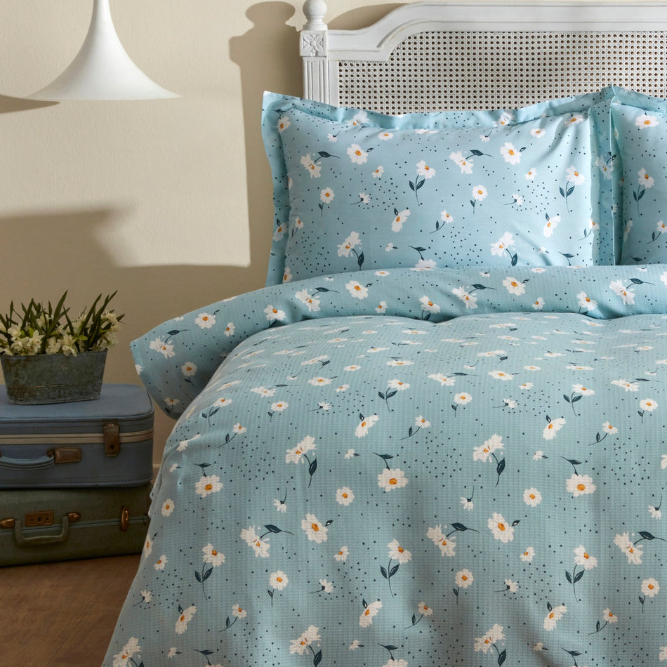 Karaca Home Daisy 100% Cotton Double Bed Quilted Bedding Set Mint PP - MALLTURK