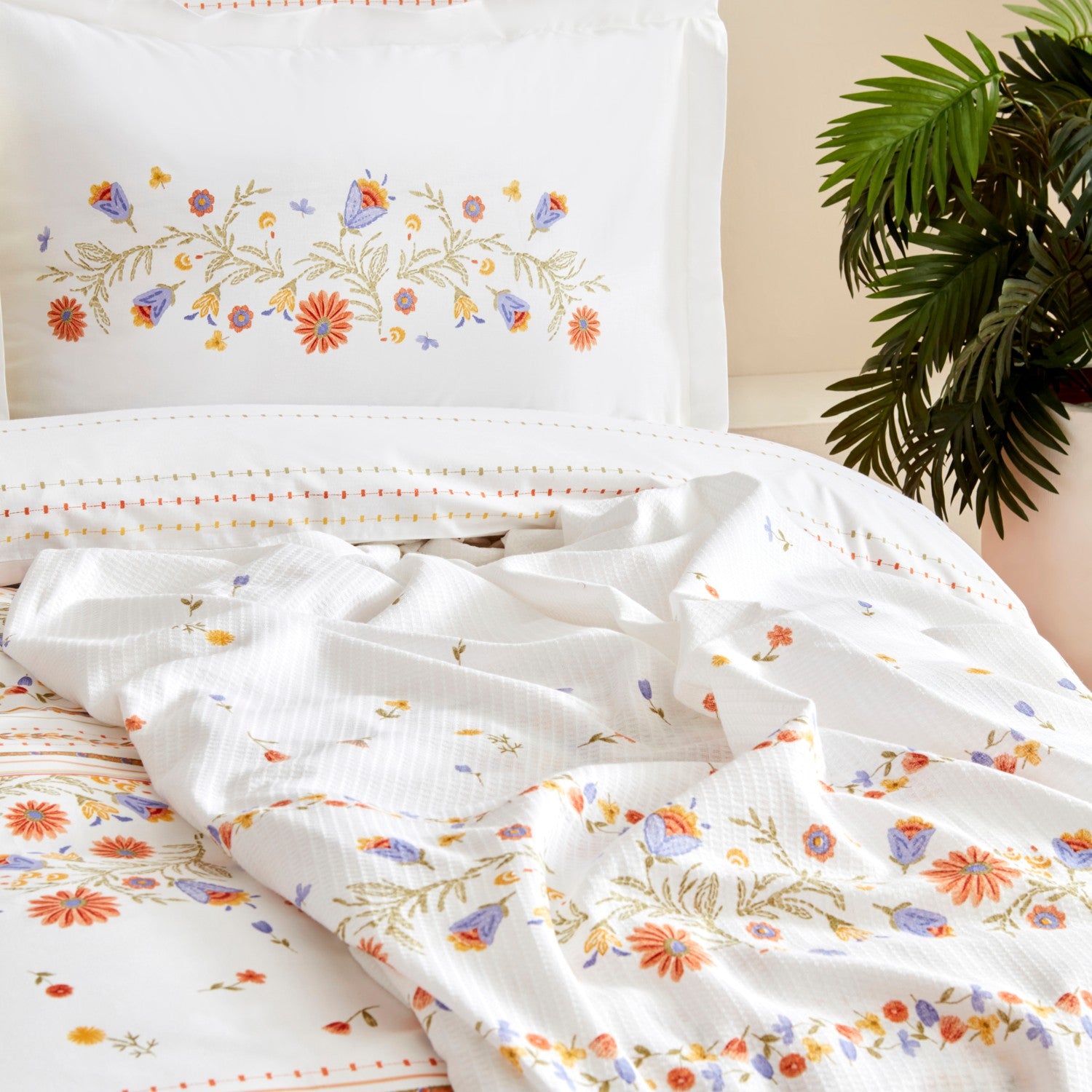 Karaca Home Clarice %100 Cotton Double Duvet Cover With Pique Bedspread Set Multicolor - MALLTURK