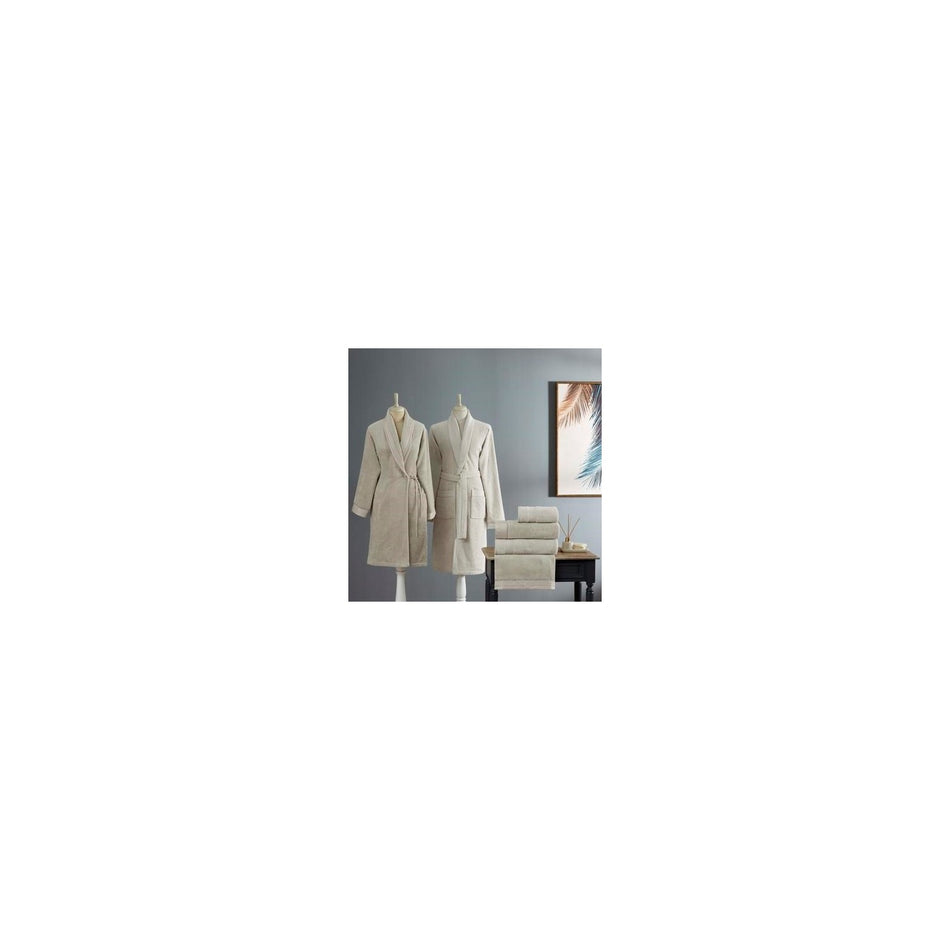 Tac Gabriella Pure Cotton Family Bathrobe Set Stone Ecru - MALLTURK