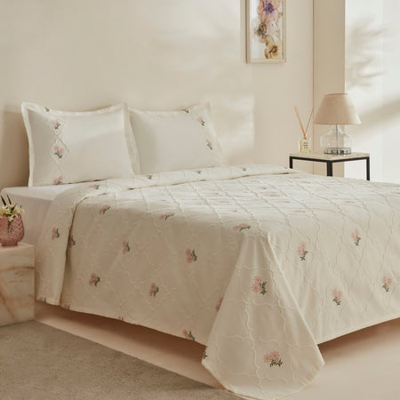 Karaca Home Myra Floral Embroidered Double Bedspread, Ecru - MALLTURK