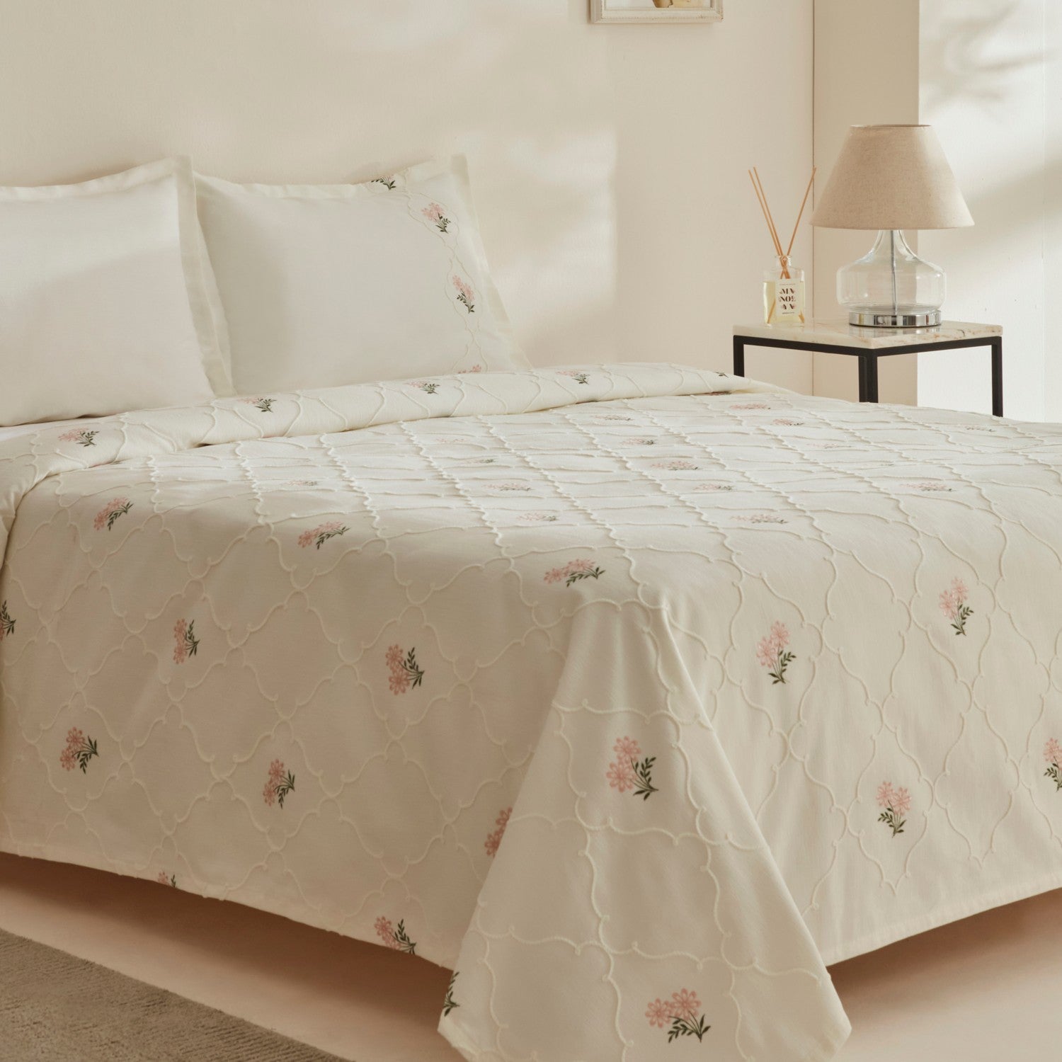 Karaca Home Myra Floral Embroidered Double Bedspread, Ecru - MALLTURK