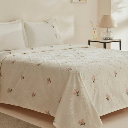Karaca Home Myra Floral Embroidered Double Bedspread, Ecru - MALLTURK