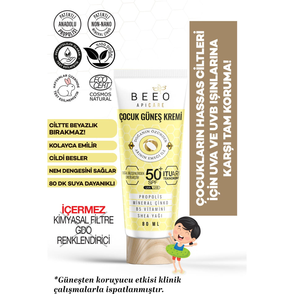 BEE'O With Propolis Organic Children Sunscreen SPF 50+ All Skin Types For Water-Resistant and Moisturizing 80 ml - MALLTURK
