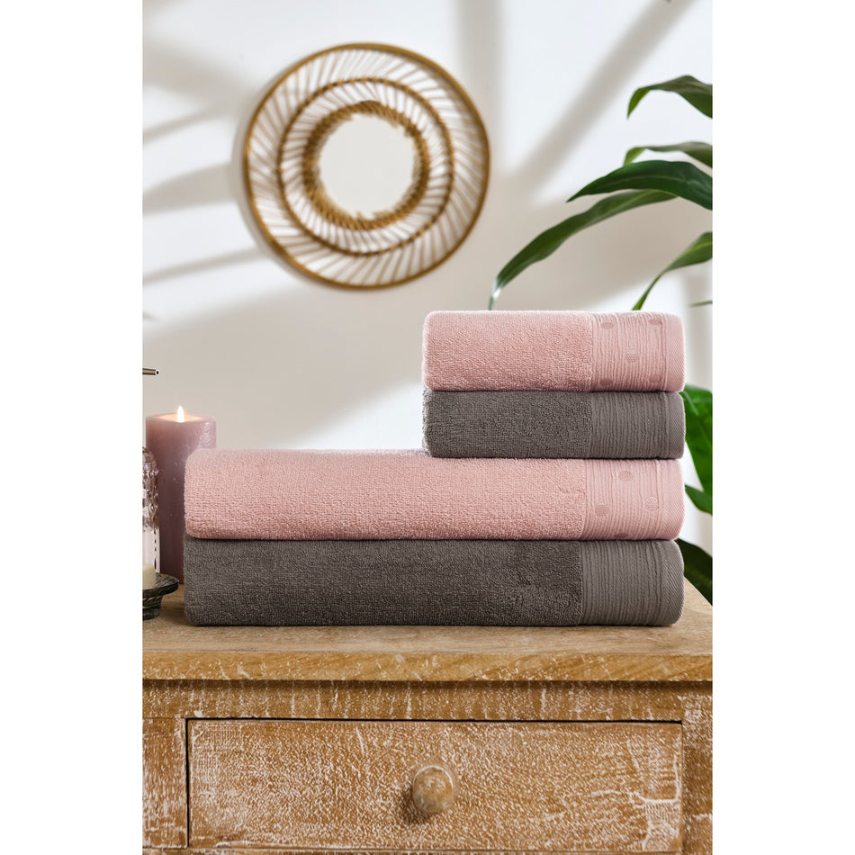 Ozdilek Point Cotton Towel Set 70 x 150 cm Bleach Resistant Pink Color 2 Bath Towels 2 Hand Towels - MALLTURK
