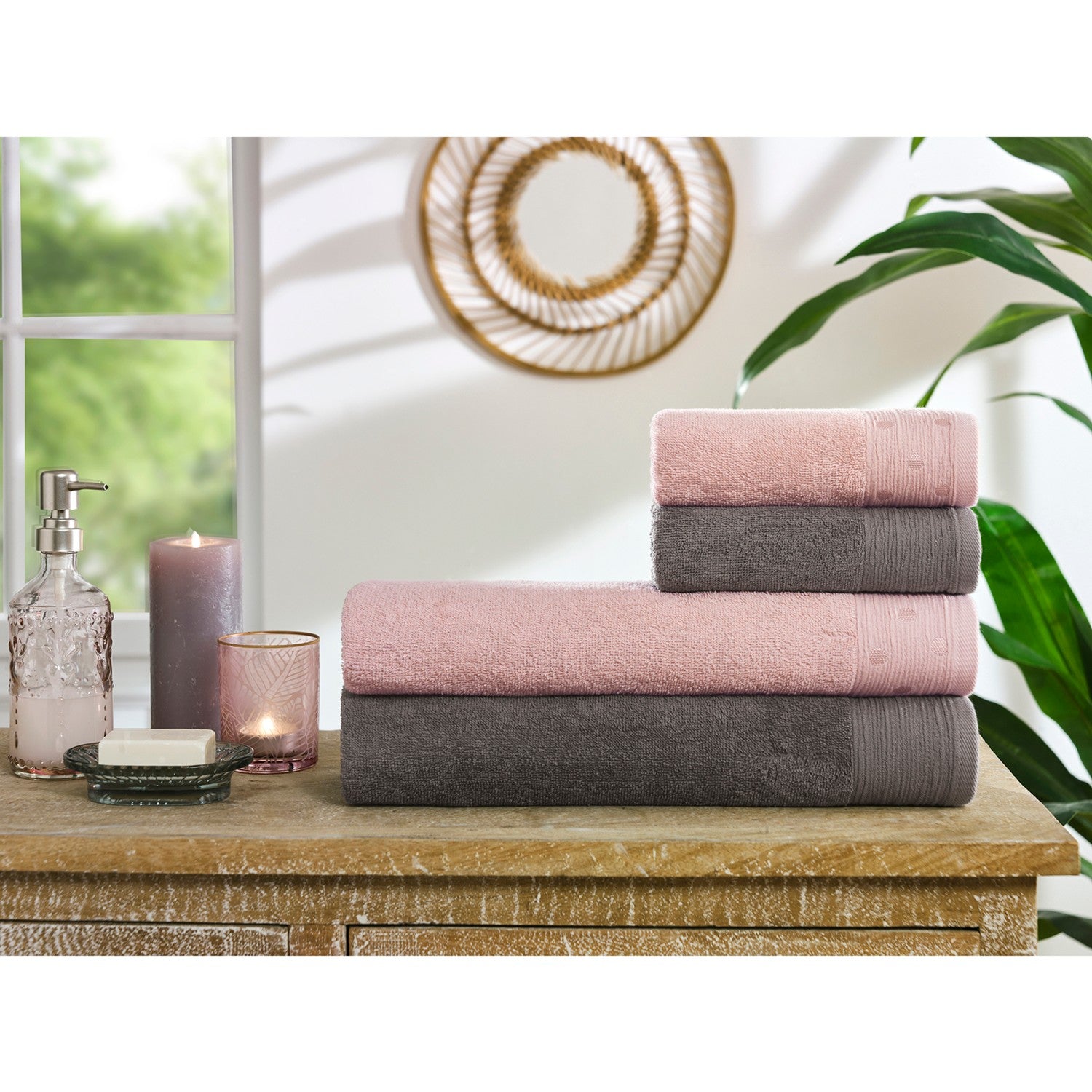 Ozdilek Point Cotton Towel Set 70 x 150 cm Bleach Resistant Pink Color 2 Bath Towels 2 Hand Towels - MALLTURK