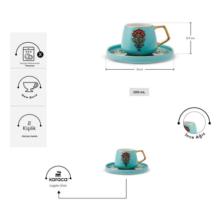 Karaca Karena 4-Piece Blue Porcelain Turkish Coffee Cup Set for 2, 100 ml - MALLTURK