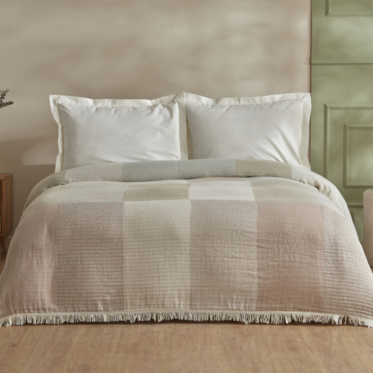 Karaca Home Cube 100% Cotton Double Muslin Quilted Blanket Beige - MALLTURK