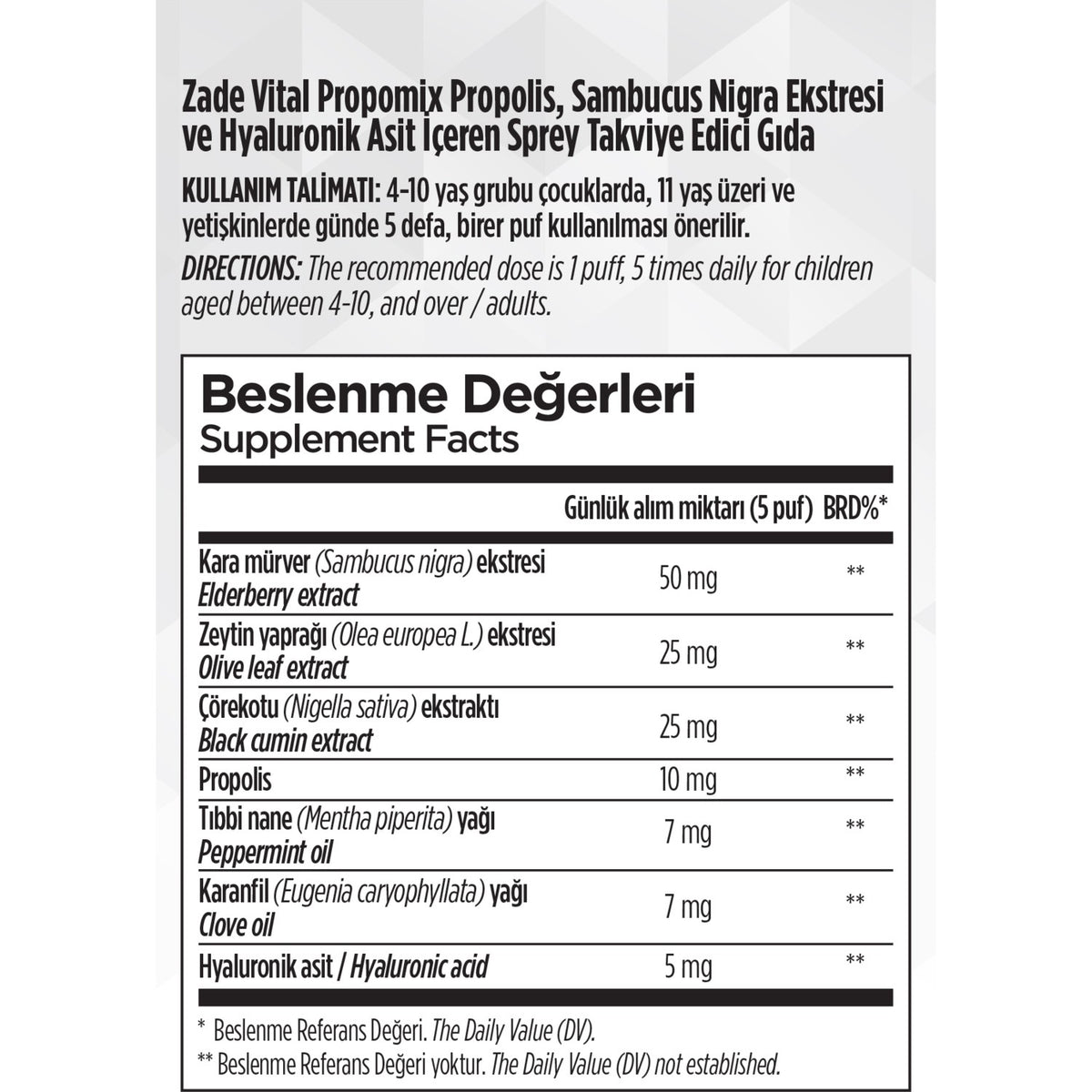 Zade Vital 20 ml Propomix Spray Propolis with Dietary Supplement 11 Yas Ustu Kullanima Uygun - MALLTURK
