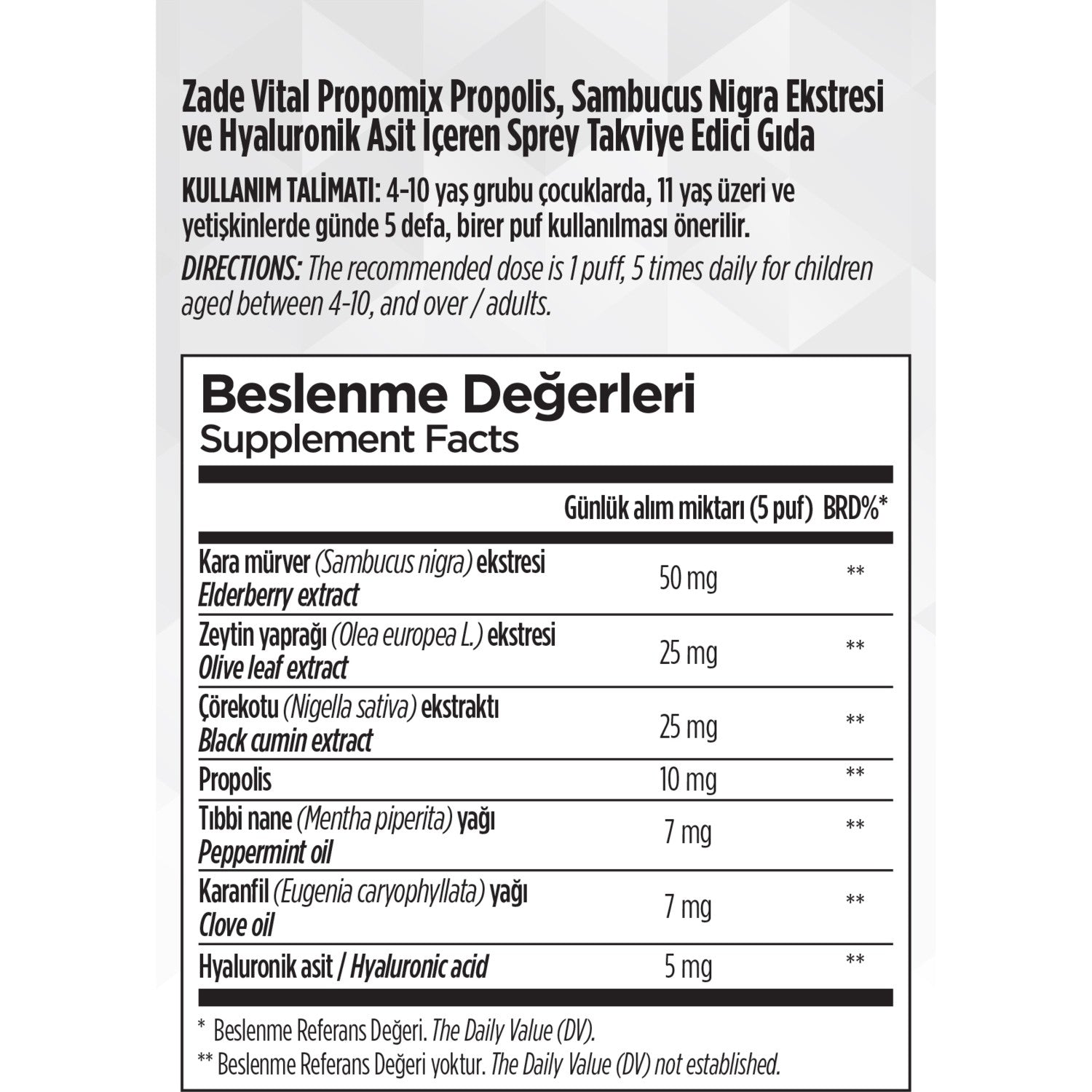 Zade Vital 20 ml Propomix Spray Propolis with Dietary Supplement 11 Yas Ustu Kullanima Uygun - MALLTURK