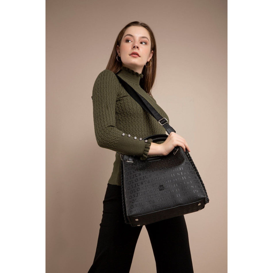 Just Polo Women's Just Polo Embossed Pattern Magnetic Snap Closure Handbag with Shoulder Strap Black - MALLTURK