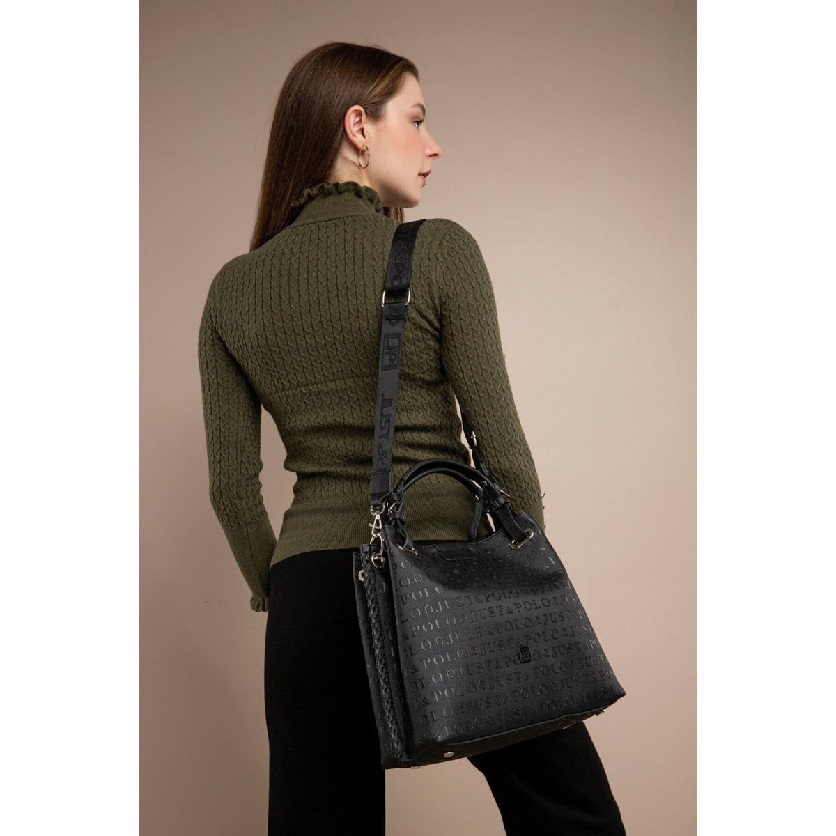 Just Polo Women's Just Polo Embossed Pattern Magnetic Snap Closure Handbag with Shoulder Strap Black - MALLTURK