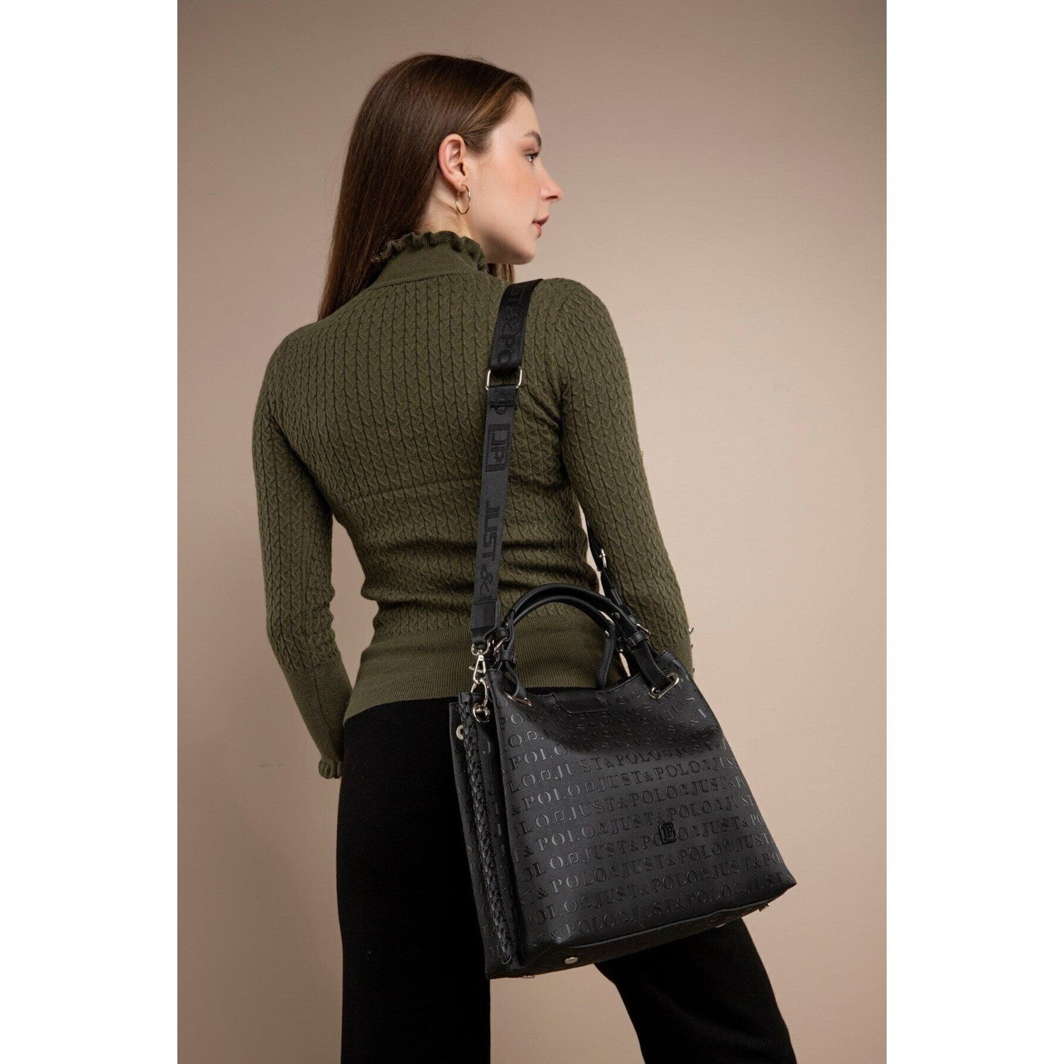 Just Polo Women's Just Polo Embossed Pattern Magnetic Snap Closure Handbag with Shoulder Strap Black - MALLTURK