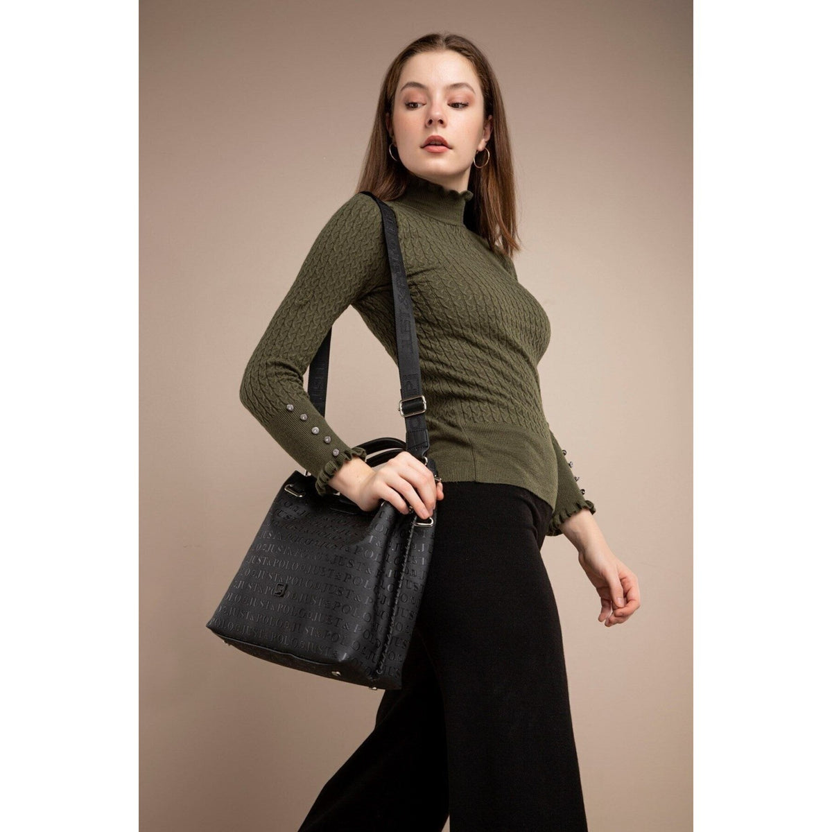 Just Polo Women's Just Polo Embossed Pattern Magnetic Snap Closure Handbag with Shoulder Strap Black - MALLTURK