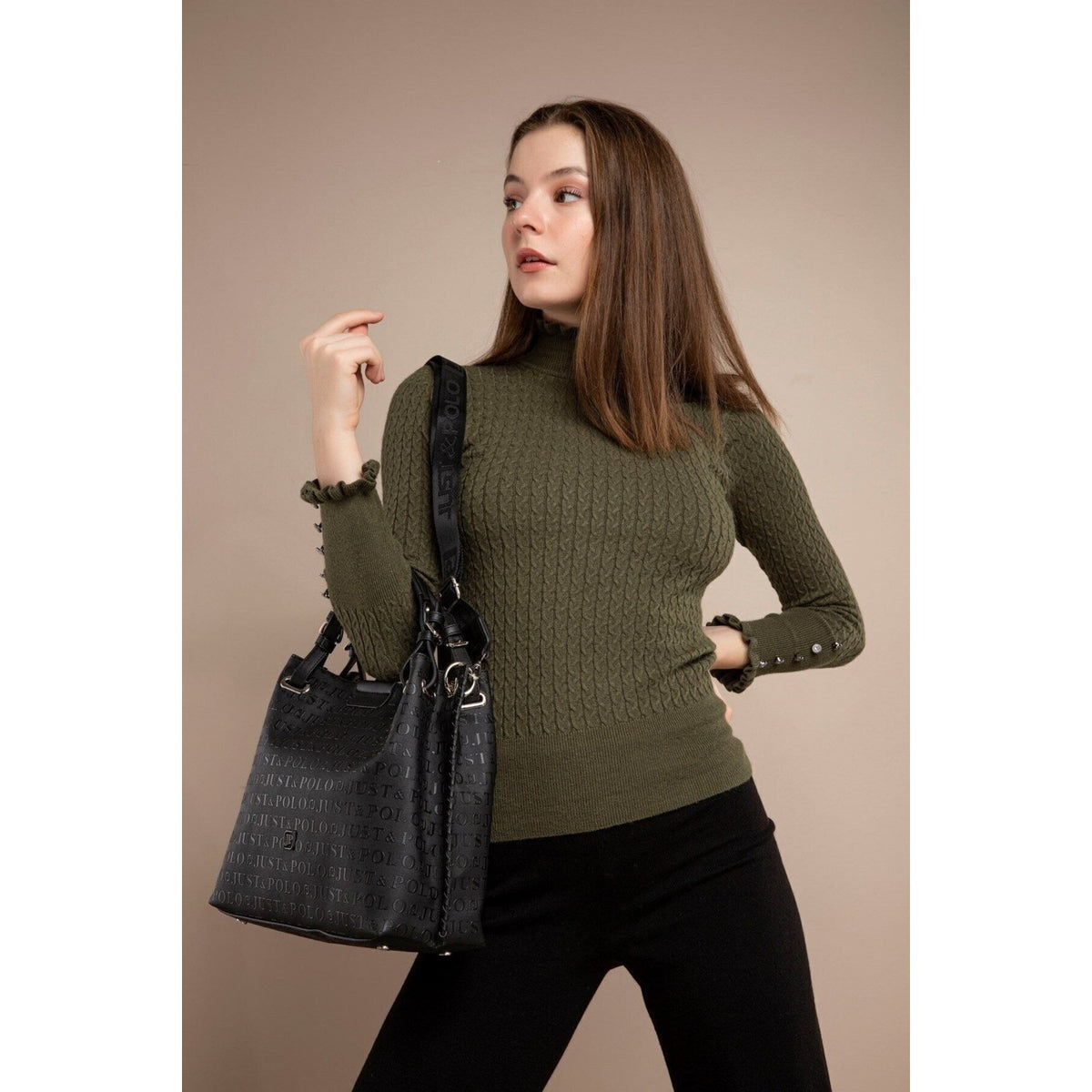 Just Polo Women's Just Polo Embossed Pattern Magnetic Snap Closure Handbag with Shoulder Strap Black - MALLTURK
