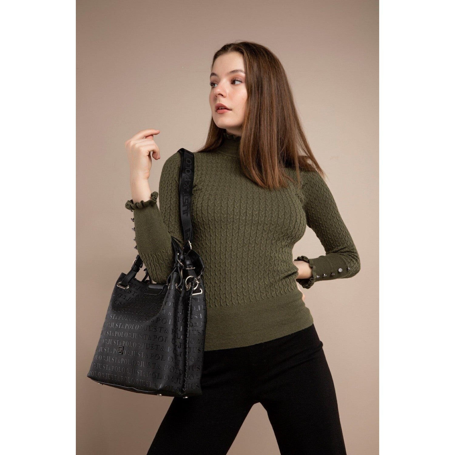 Just Polo Women's Just Polo Embossed Pattern Magnetic Snap Closure Handbag with Shoulder Strap Black - MALLTURK