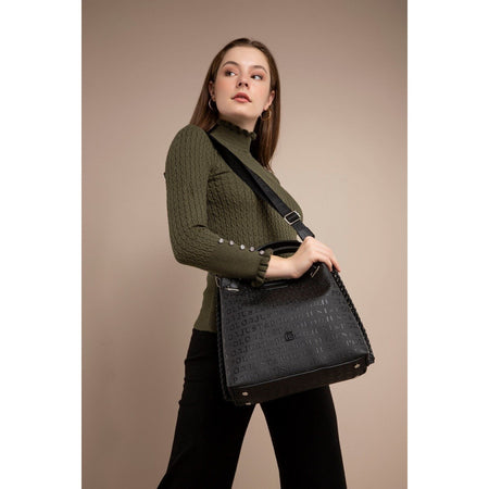 Just Polo Women's Just Polo Embossed Pattern Magnetic Snap Closure Handbag with Shoulder Strap Black - MALLTURK