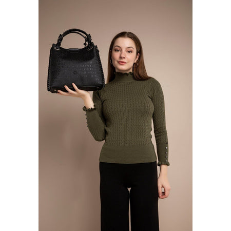 Just Polo Women's Just Polo Embossed Pattern Magnetic Snap Closure Handbag with Shoulder Strap Black - MALLTURK