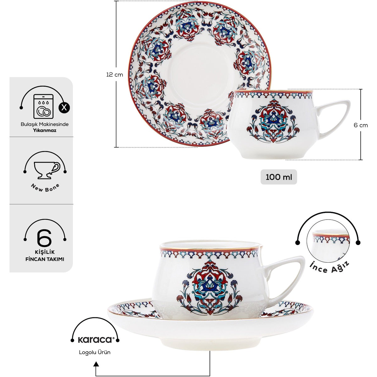 Karaca Nakkas Turkish Coffee Cup Set for 6, 100 ml - MALLTURK